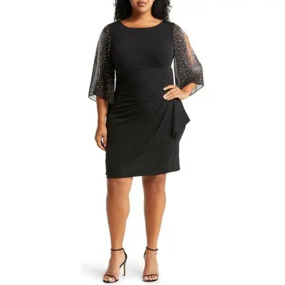 Alex Evenings Petite Black Beaded Sleeve Ruched Sheath Dress 12P Party Wedding